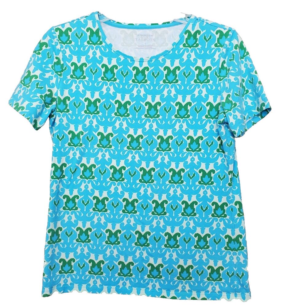 Talbots Cotton Blend Ikat Print Short Sleeve Crew Neck T-Shirt Size Small